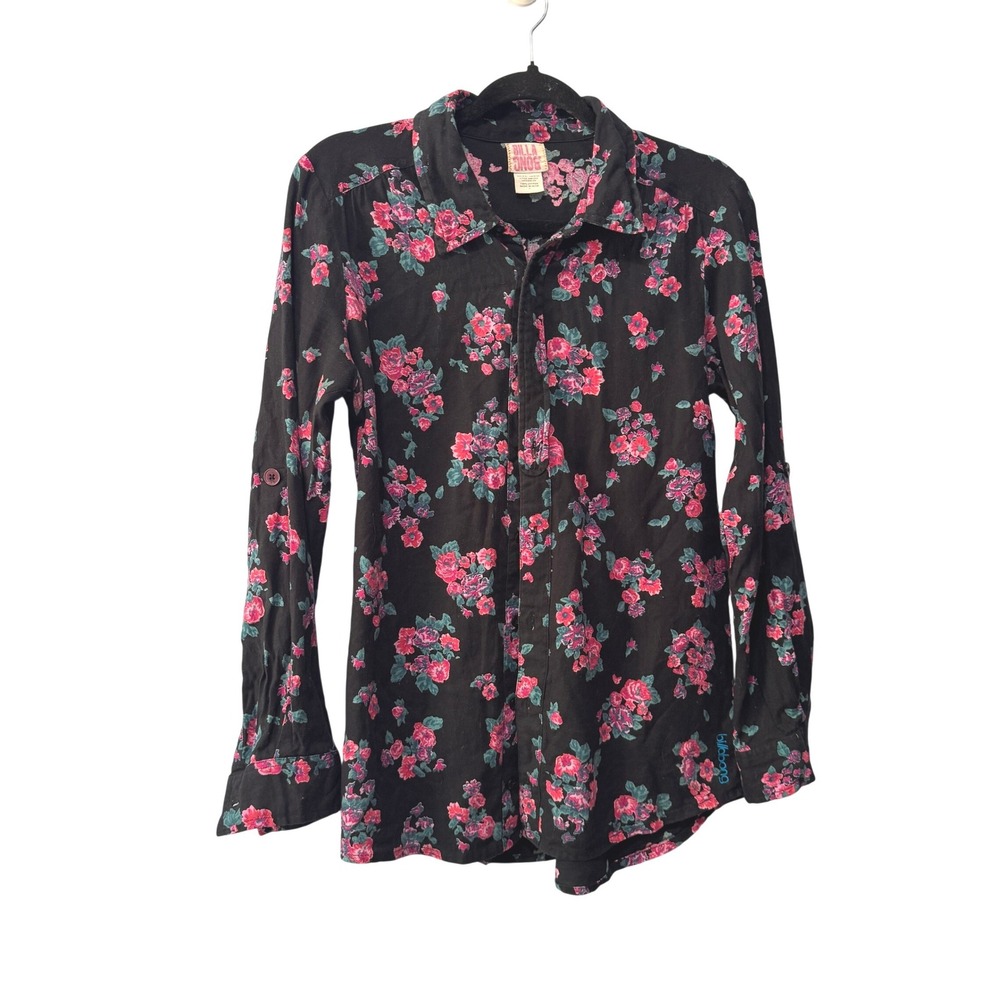 Billabong Womens Floral Button Up Shirt Black Pink Long‎ Sleeve Cotton Top L